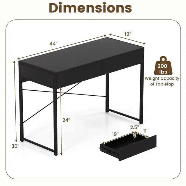Alt view image 3 of 6 - Computer Desk with 2 Drawers, 44 Inch Home Office Desk with Metal Frame & Anti-Toppling Device, Modern Writing Desk Study Desk, Compact Laptop PC Desk for Small Space (Black)