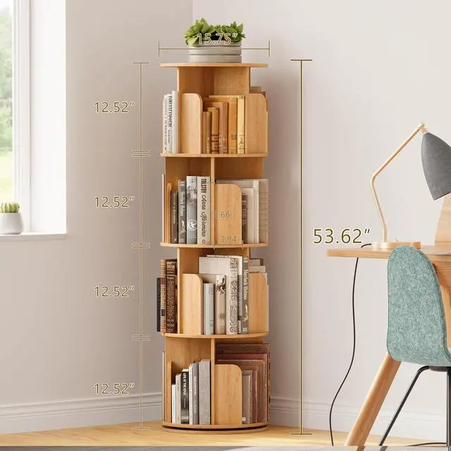 Alt view image 2 of 6 - Wooden 4 Tier Rotating Bookshelf, Spinning Bookshelf Tower,Modern Revolving Small Bookcase for Corner,Living Room,Bedroom (Natural Oak, 4-Tier)