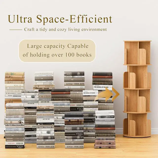 Alt view image 3 of 6 - Wooden 4 Tier Rotating Bookshelf, Spinning Bookshelf Tower,Modern Revolving Small Bookcase for Corner,Living Room,Bedroom (Natural Oak, 4-Tier)