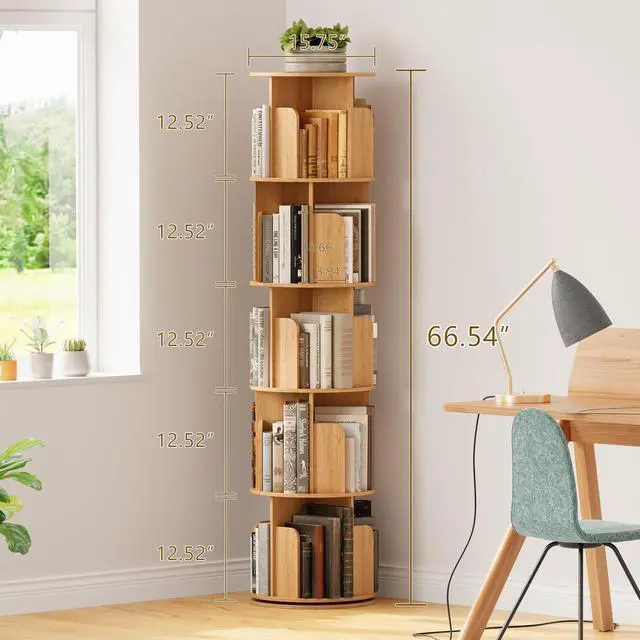 Alt view image 2 of 6 - Wooden 5 Tier Rotating Bookshelf, Spinning Bookshelf Tower,Modern Revolving Small Bookcase for Corner,Living Room,Bedroom (Natural Oak, 5-Tier)