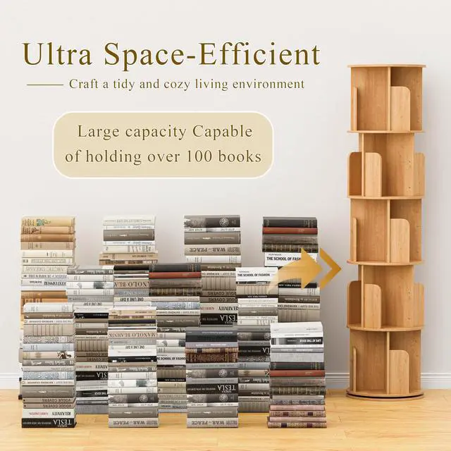 Alt view image 3 of 6 - Wooden 5 Tier Rotating Bookshelf, Spinning Bookshelf Tower,Modern Revolving Small Bookcase for Corner,Living Room,Bedroom (Natural Oak, 5-Tier)
