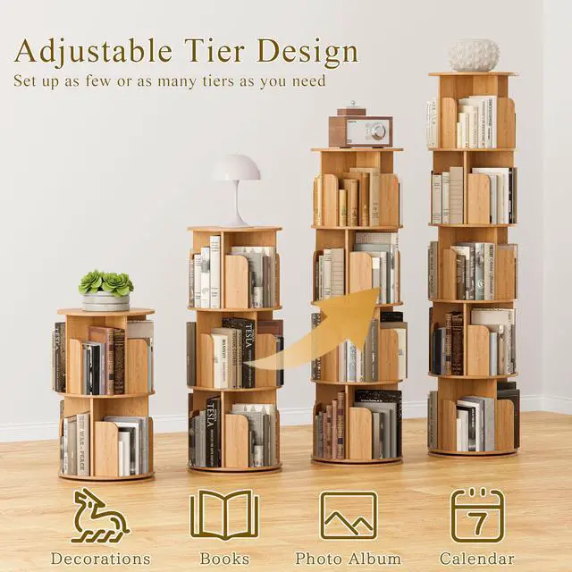 Alt view image 5 of 6 - Wooden 5 Tier Rotating Bookshelf, Spinning Bookshelf Tower,Modern Revolving Small Bookcase for Corner,Living Room,Bedroom (Natural Oak, 5-Tier)