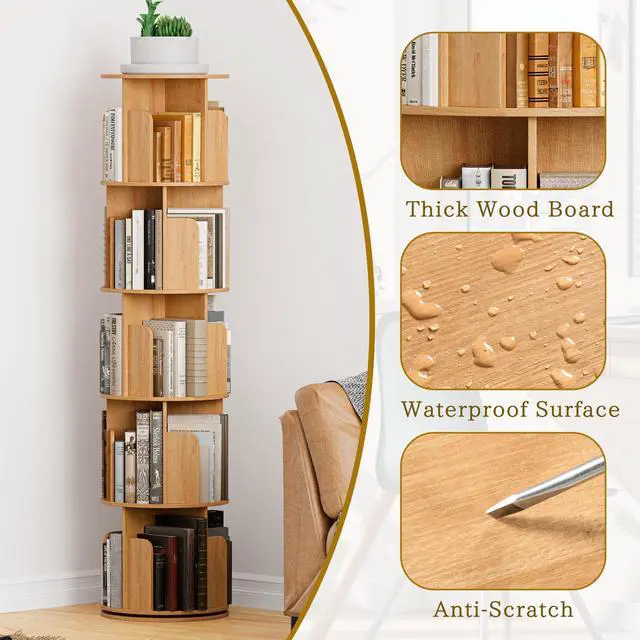 Alt view image 6 of 6 - Wooden 5 Tier Rotating Bookshelf, Spinning Bookshelf Tower,Modern Revolving Small Bookcase for Corner,Living Room,Bedroom (Natural Oak, 5-Tier)