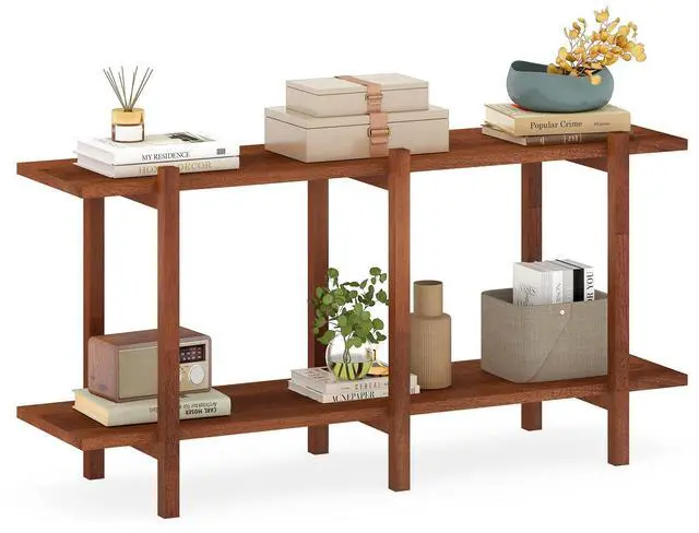 Main image of 2-Tier Wood Bookshelf, 48" Modern Console Table with Wide Storage Shelf, Horizontal Rubber Wood Bookcase, Open Display Racks Shelving Unit for Bedroom, Living Room, Office, Entryway