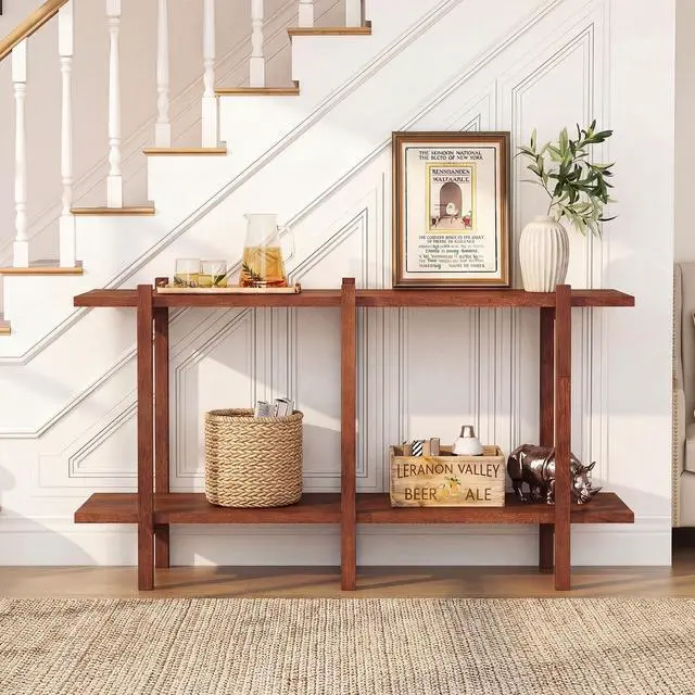 Alt view image 2 of 6 - 2-Tier Wood Bookshelf, 48" Modern Console Table with Wide Storage Shelf, Horizontal Rubber Wood Bookcase, Open Display Racks Shelving Unit for Bedroom, Living Room, Office, Entryway
