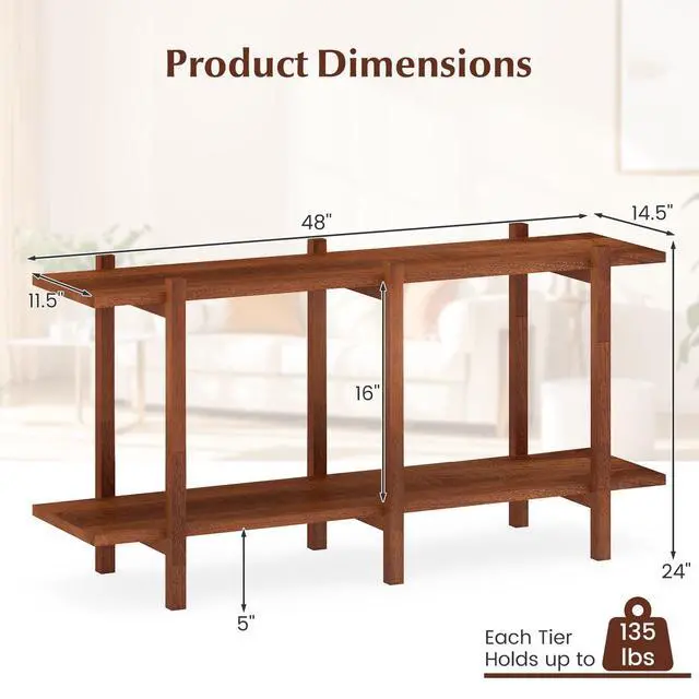 Alt view image 3 of 6 - 2-Tier Wood Bookshelf, 48" Modern Console Table with Wide Storage Shelf, Horizontal Rubber Wood Bookcase, Open Display Racks Shelving Unit for Bedroom, Living Room, Office, Entryway