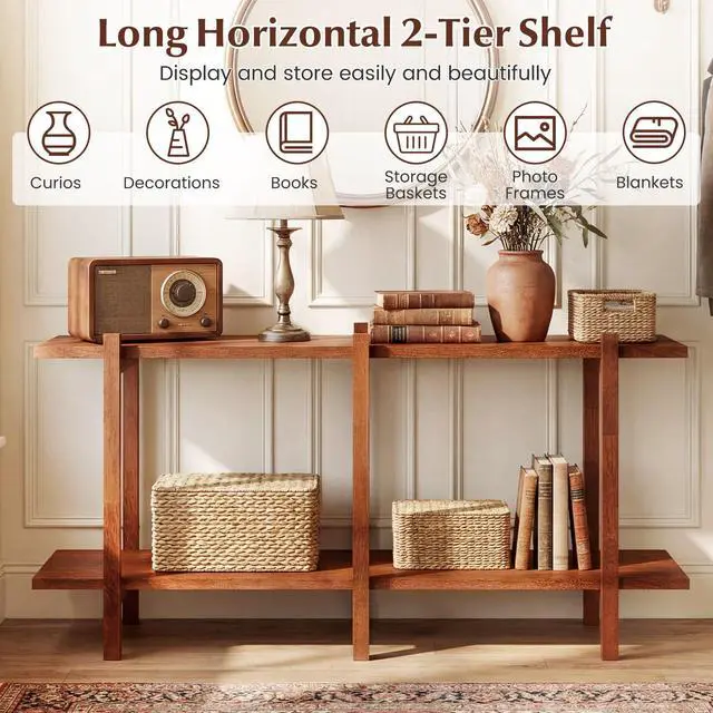 Alt view image 4 of 6 - 2-Tier Wood Bookshelf, 48" Modern Console Table with Wide Storage Shelf, Horizontal Rubber Wood Bookcase, Open Display Racks Shelving Unit for Bedroom, Living Room, Office, Entryway