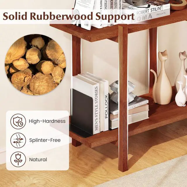 Alt view image 5 of 6 - 2-Tier Wood Bookshelf, 48" Modern Console Table with Wide Storage Shelf, Horizontal Rubber Wood Bookcase, Open Display Racks Shelving Unit for Bedroom, Living Room, Office, Entryway