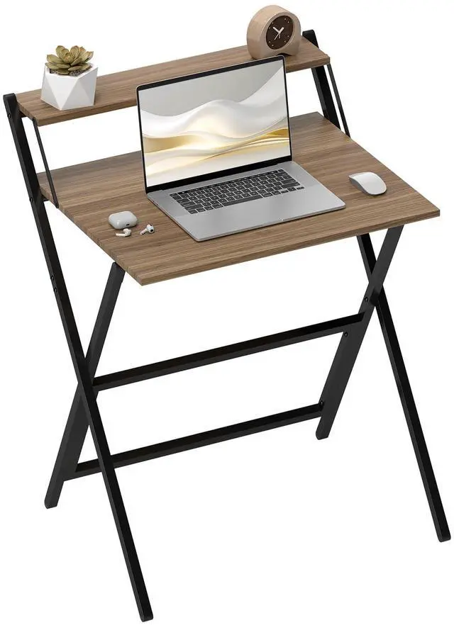 Main image of Small Folding Desk, 27.6 Inch Foldable Computer Desk with Monitor Shelf, Space Saving Portable Writing Table for Small Spaces, Home Office, Study, Easy Assembly, Walnut