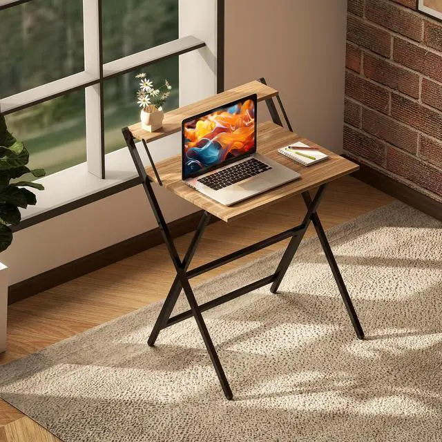 Alt view image 2 of 6 - Small Folding Desk, 27.6 Inch Foldable Computer Desk with Monitor Shelf, Space Saving Portable Writing Table for Small Spaces, Home Office, Study, Easy Assembly, Walnut