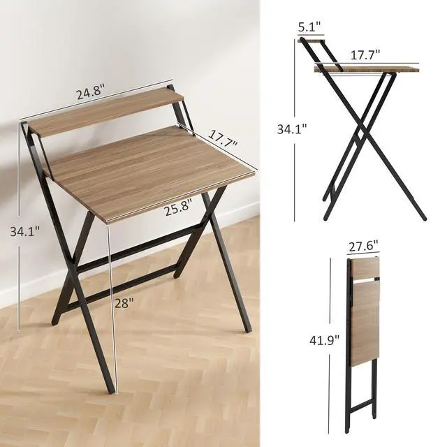 Alt view image 3 of 6 - Small Folding Desk, 27.6 Inch Foldable Computer Desk with Monitor Shelf, Space Saving Portable Writing Table for Small Spaces, Home Office, Study, Easy Assembly, Walnut