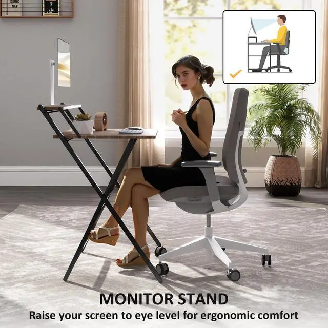 Alt view image 5 of 6 - Small Folding Desk, 27.6 Inch Foldable Computer Desk with Monitor Shelf, Space Saving Portable Writing Table for Small Spaces, Home Office, Study, Easy Assembly, Walnut