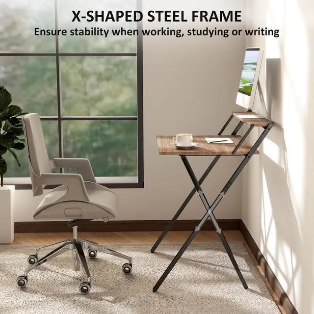 Alt view image 6 of 6 - Small Folding Desk, 27.6 Inch Foldable Computer Desk with Monitor Shelf, Space Saving Portable Writing Table for Small Spaces, Home Office, Study, Easy Assembly, Walnut