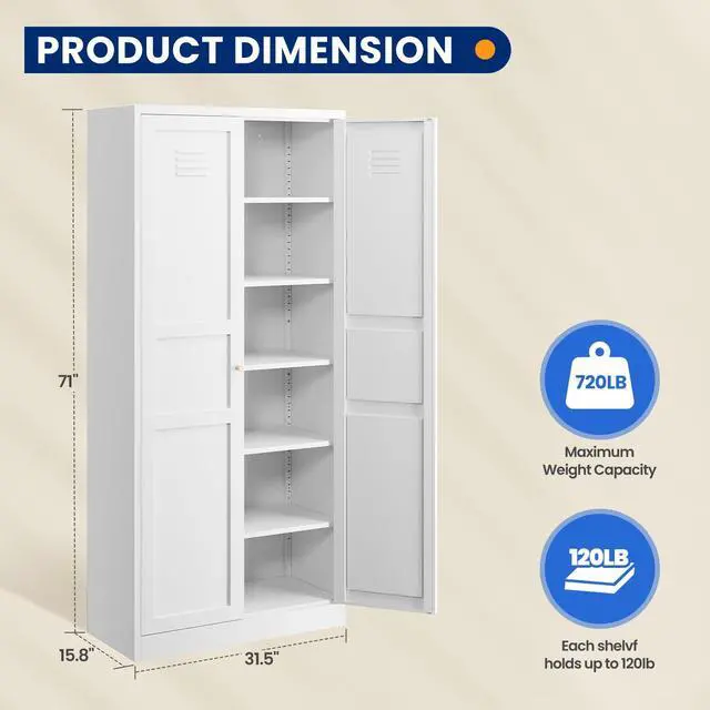 Alt view image 2 of 6 - Metal Pantry Cabinet, Utility Storage Cabinets with 2 Doors and 5 Shelves, Versatile Freestanding Tall Cupboard for Kitchen, Bedroom, Laundry Room and Office, 71" H x 15.7" D x 31.5" W