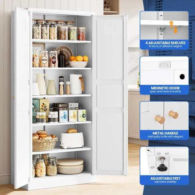 Alt view image 3 of 6 - Metal Pantry Cabinet, Utility Storage Cabinets with 2 Doors and 5 Shelves, Versatile Freestanding Tall Cupboard for Kitchen, Bedroom, Laundry Room and Office, 71" H x 15.7" D x 31.5" W