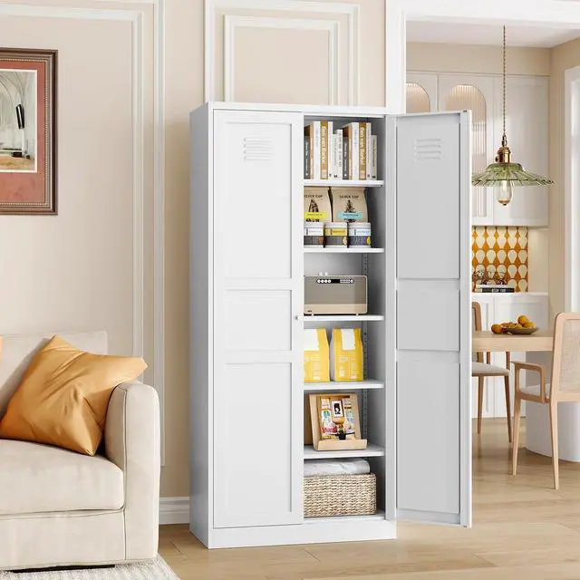 Alt view image 6 of 6 - Metal Pantry Cabinet, Utility Storage Cabinets with 2 Doors and 5 Shelves, Versatile Freestanding Tall Cupboard for Kitchen, Bedroom, Laundry Room and Office, 71" H x 15.7" D x 31.5" W