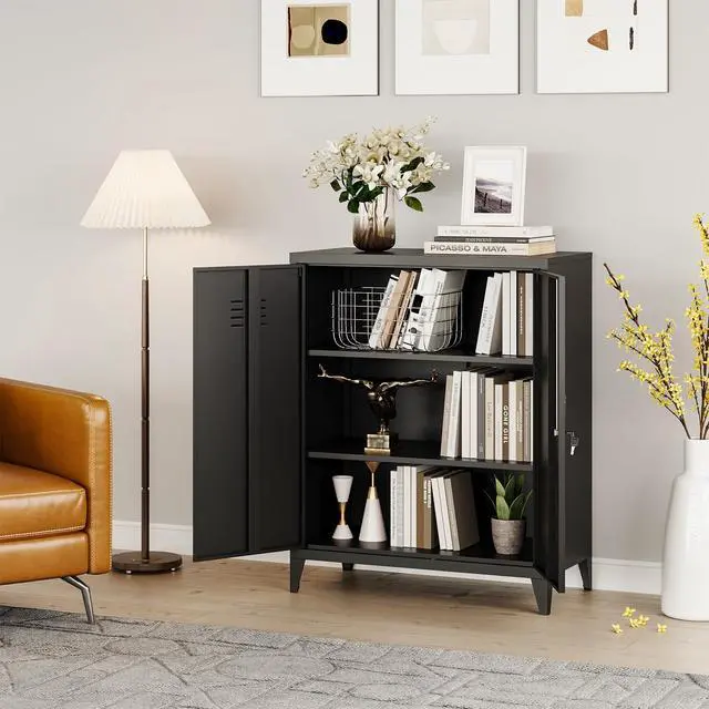 Alt view image 4 of 6 - Metal Locker with 2 Doors, Metal Storage Sideboard Accent Cabinets for Kitchen, Pantry, Home Office and Garage