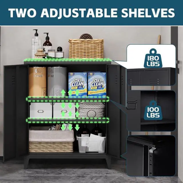 Alt view image 5 of 6 - Metal Locker with 2 Doors, Metal Storage Sideboard Accent Cabinets for Kitchen, Pantry, Home Office and Garage