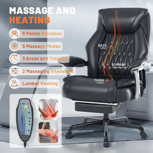 Alt view image 3 of 5 - Reclining Office Chair with Massage & Heat & Footrest, 6-Point Vibrations, Ergonomic Executive Computer Desk Chair with Padded Seat for Comfort & Stress Relief & Relaxation