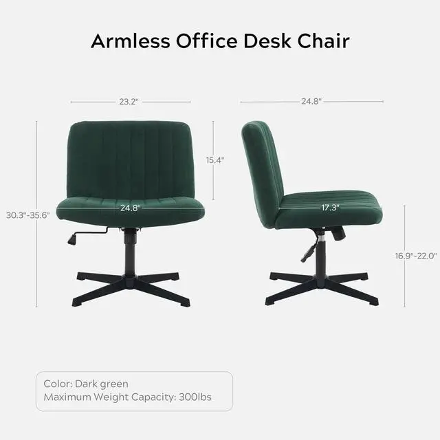 Alt view image 2 of 6 - Green Criss Cross Chair No Wheels Armless Wide Seat Office Chair Swivel Vanity Velvet Padded Vanity Chair for Girls