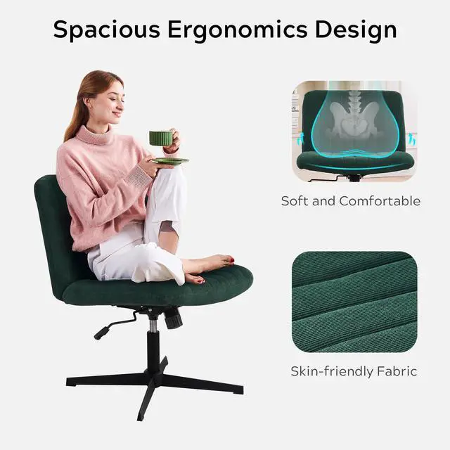 Alt view image 3 of 6 - Green Criss Cross Chair No Wheels Armless Wide Seat Office Chair Swivel Vanity Velvet Padded Vanity Chair for Girls