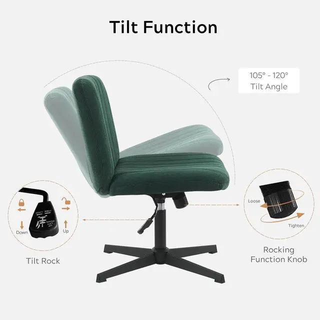 Alt view image 4 of 6 - Green Criss Cross Chair No Wheels Armless Wide Seat Office Chair Swivel Vanity Velvet Padded Vanity Chair for Girls
