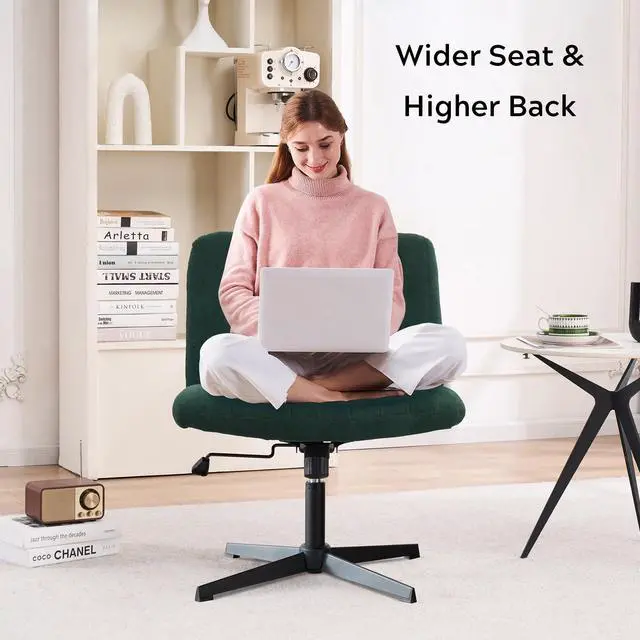 Alt view image 6 of 6 - Green Criss Cross Chair No Wheels Armless Wide Seat Office Chair Swivel Vanity Velvet Padded Vanity Chair for Girls