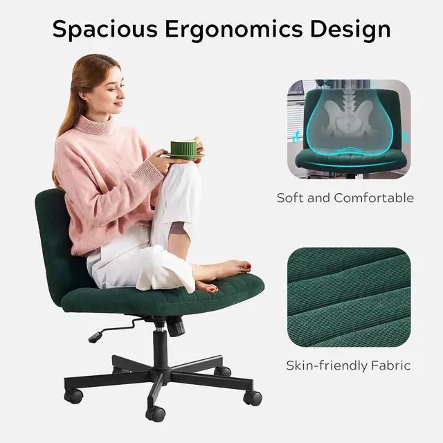 Alt view image 3 of 6 - Crossleg Chair with Wheels Wide Seat Home Desk Criss Computer Chair Velvet Swivel Side Vanity Chair Green for Girl