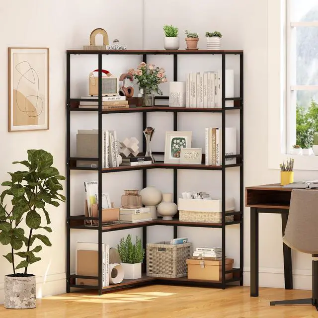 Main image of 5-Tier Corner Bookshelf, 71" L-Shaped Bookcase, Tall Etagere Bookshelf with Metal Frame, Industrial Open Display Shelf, Vertical Storage Rack for Living Room, Study, Office (Walnut)