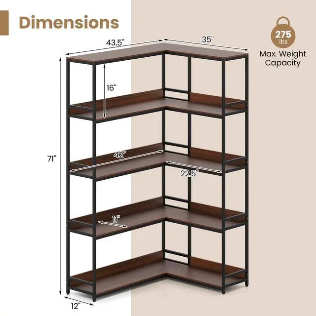 Alt view image 2 of 5 - 5-Tier Corner Bookshelf, 71" L-Shaped Bookcase, Tall Etagere Bookshelf with Metal Frame, Industrial Open Display Shelf, Vertical Storage Rack for Living Room, Study, Office (Walnut)