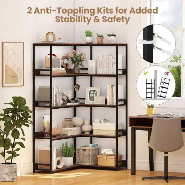 Alt view image 3 of 5 - 5-Tier Corner Bookshelf, 71" L-Shaped Bookcase, Tall Etagere Bookshelf with Metal Frame, Industrial Open Display Shelf, Vertical Storage Rack for Living Room, Study, Office (Walnut)