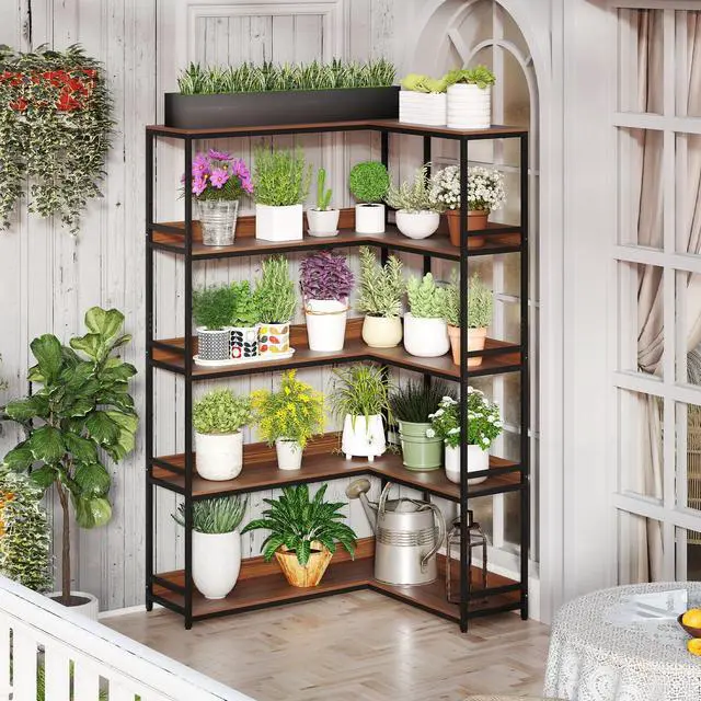 Alt view image 4 of 5 - 5-Tier Corner Bookshelf, 71" L-Shaped Bookcase, Tall Etagere Bookshelf with Metal Frame, Industrial Open Display Shelf, Vertical Storage Rack for Living Room, Study, Office (Walnut)