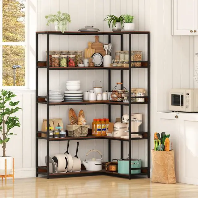 Alt view image 5 of 5 - 5-Tier Corner Bookshelf, 71" L-Shaped Bookcase, Tall Etagere Bookshelf with Metal Frame, Industrial Open Display Shelf, Vertical Storage Rack for Living Room, Study, Office (Walnut)