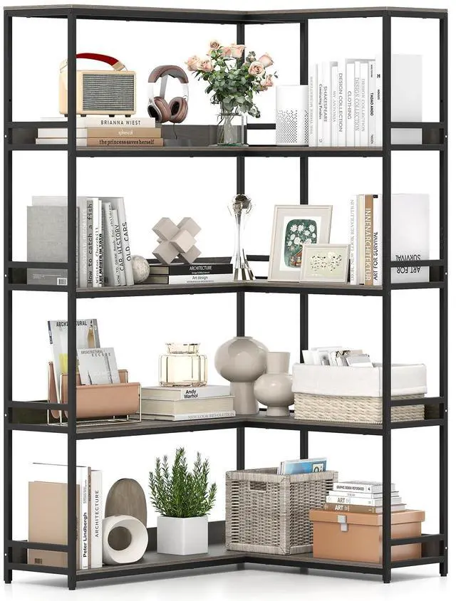 Main image of 5-Tier Corner Bookshelf, 71" L-Shaped Bookcase, Tall Etagere Bookshelf with Metal Frame, Industrial Open Display Shelf, Vertical Storage Rack for Living Room, Study, Office (Oak)