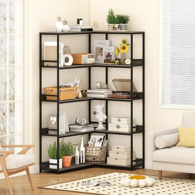 Alt view image 2 of 6 - 5-Tier Corner Bookshelf, 71" L-Shaped Bookcase, Tall Etagere Bookshelf with Metal Frame, Industrial Open Display Shelf, Vertical Storage Rack for Living Room, Study, Office (Oak)