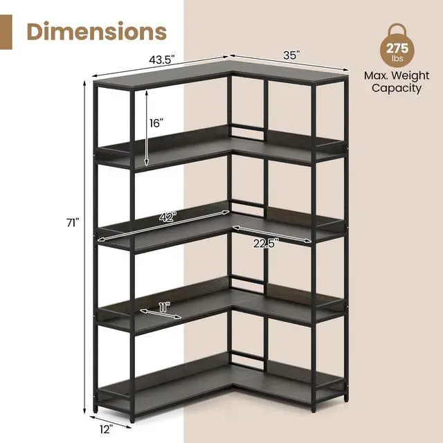 Alt view image 3 of 6 - 5-Tier Corner Bookshelf, 71" L-Shaped Bookcase, Tall Etagere Bookshelf with Metal Frame, Industrial Open Display Shelf, Vertical Storage Rack for Living Room, Study, Office (Oak)