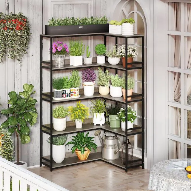 Alt view image 4 of 6 - 5-Tier Corner Bookshelf, 71" L-Shaped Bookcase, Tall Etagere Bookshelf with Metal Frame, Industrial Open Display Shelf, Vertical Storage Rack for Living Room, Study, Office (Oak)