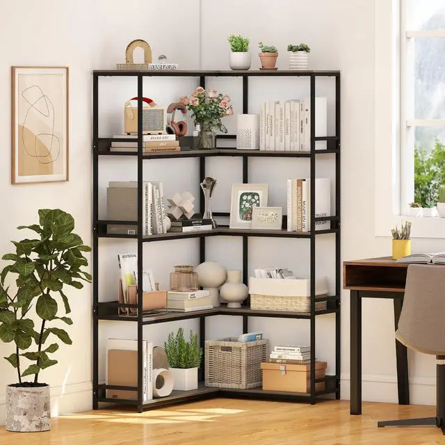 Alt view image 5 of 6 - 5-Tier Corner Bookshelf, 71" L-Shaped Bookcase, Tall Etagere Bookshelf with Metal Frame, Industrial Open Display Shelf, Vertical Storage Rack for Living Room, Study, Office (Oak)