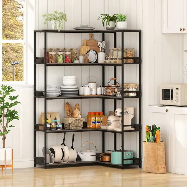 Alt view image 6 of 6 - 5-Tier Corner Bookshelf, 71" L-Shaped Bookcase, Tall Etagere Bookshelf with Metal Frame, Industrial Open Display Shelf, Vertical Storage Rack for Living Room, Study, Office (Oak)
