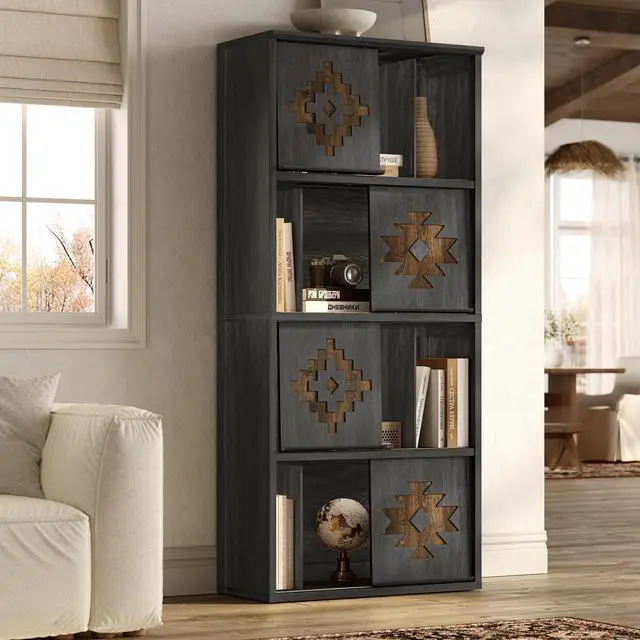 Main image of Bookcase & Bookshelf with Movable Bookends, 4-Tier Open Storage Shelves, Beveled Gliding Doors, Large Wooden Display Cabinet for Living Room, Home Office, Bedroom, Black