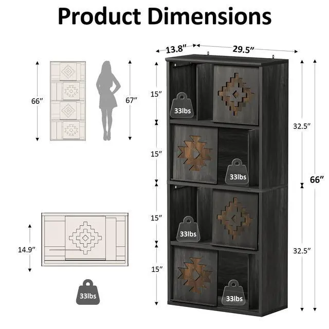 Alt view image 2 of 6 - Bookcase & Bookshelf with Movable Bookends, 4-Tier Open Storage Shelves, Beveled Gliding Doors, Large Wooden Display Cabinet for Living Room, Home Office, Bedroom, Black
