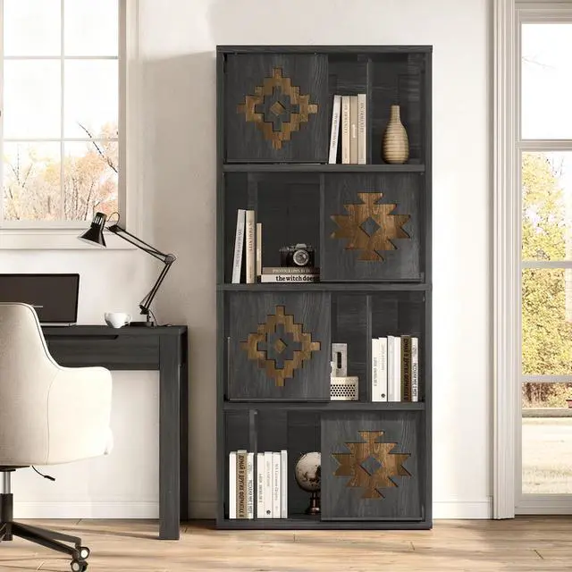 Alt view image 3 of 6 - Bookcase & Bookshelf with Movable Bookends, 4-Tier Open Storage Shelves, Beveled Gliding Doors, Large Wooden Display Cabinet for Living Room, Home Office, Bedroom, Black