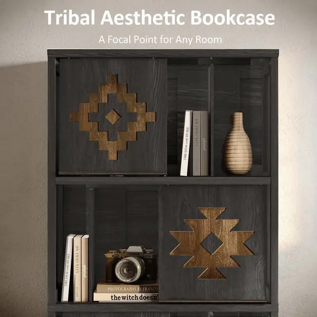 Alt view image 4 of 6 - Bookcase & Bookshelf with Movable Bookends, 4-Tier Open Storage Shelves, Beveled Gliding Doors, Large Wooden Display Cabinet for Living Room, Home Office, Bedroom, Black