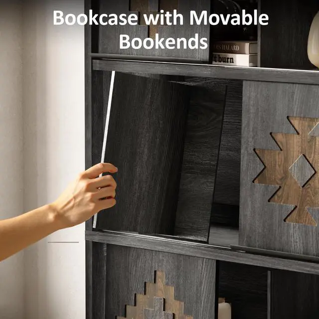 Alt view image 5 of 6 - Bookcase & Bookshelf with Movable Bookends, 4-Tier Open Storage Shelves, Beveled Gliding Doors, Large Wooden Display Cabinet for Living Room, Home Office, Bedroom, Black