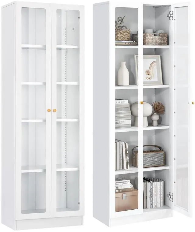 Main image of White Bookcase with Doors, 5 Tier Bookshelf, Tall Bookshelf with Storage, Modern Display Cases for Collectibles, 70.87" Display Cabinet with Doors Curio Cabinet for Home Office Library