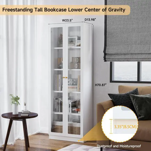 Alt view image 2 of 6 - White Bookcase with Doors, 5 Tier Bookshelf, Tall Bookshelf with Storage, Modern Display Cases for Collectibles, 70.87" Display Cabinet with Doors Curio Cabinet for Home Office Library