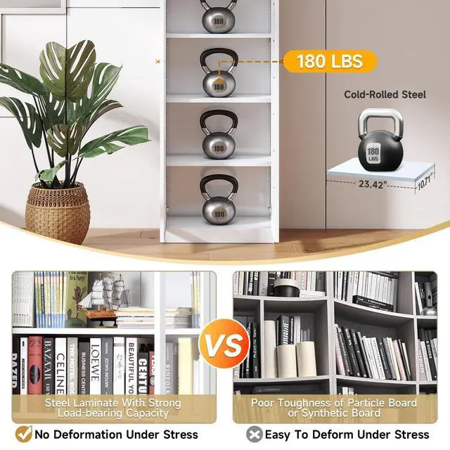 Alt view image 6 of 6 - White Bookcase with Doors, 5 Tier Bookshelf, Tall Bookshelf with Storage, Modern Display Cases for Collectibles, 70.87" Display Cabinet with Doors Curio Cabinet for Home Office Library
