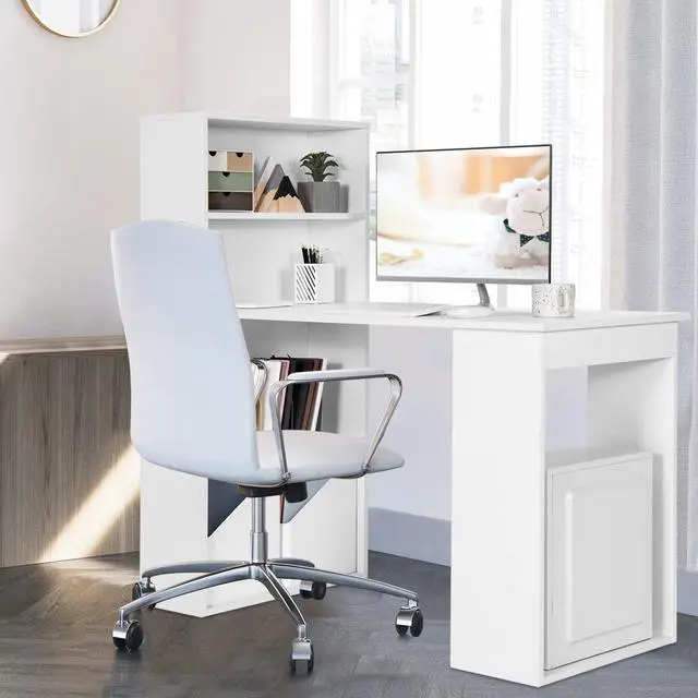 Alt view image 2 of 6 - White Computer Desk with Shelves, 48 Study Writing Desk with 6-Tier Storage Shelves, Reversible Study Workstation w/Wide Base for Home, Office & Dorm, Easy Assembly