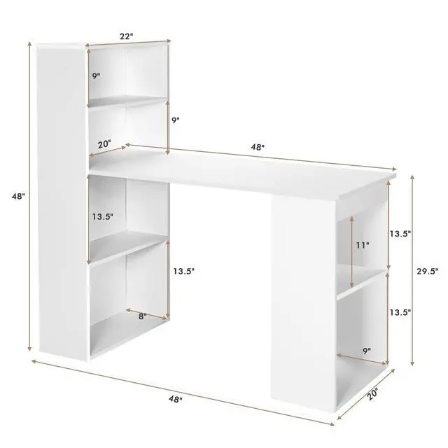 Alt view image 3 of 6 - White Computer Desk with Shelves, 48 Study Writing Desk with 6-Tier Storage Shelves, Reversible Study Workstation w/Wide Base for Home, Office & Dorm, Easy Assembly