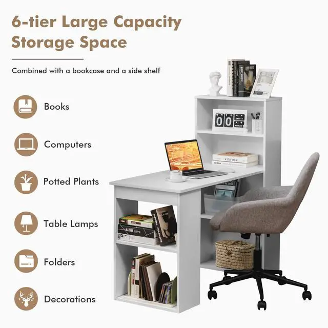 Alt view image 6 of 6 - White Computer Desk with Shelves, 48 Study Writing Desk with 6-Tier Storage Shelves, Reversible Study Workstation w/Wide Base for Home, Office & Dorm, Easy Assembly